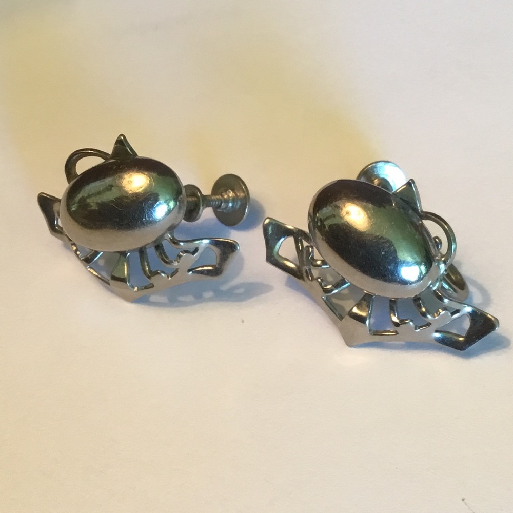 Vintage Silver-Tone Clip Earrings - Oval Dome Design